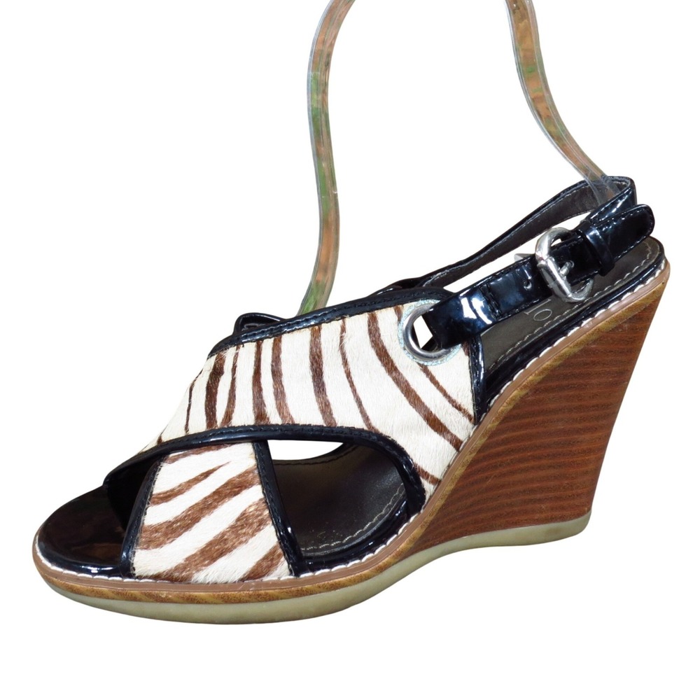 Linea Paolo Women Zebra Print Wedge Sandal Size 6 Casual Animal Print Calf Hair